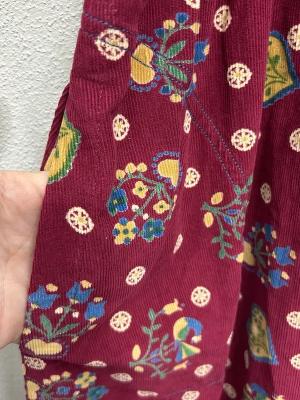 Vintage April Cornell Corduroy Midi Dress XL Burgundy Heart Print Cottagecore - Image 8