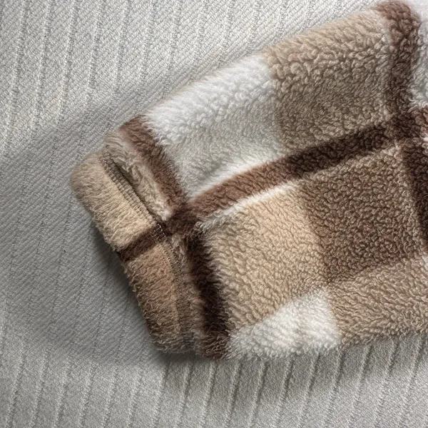 Hollister Womens Small Cropped Fleece Hoodie Jacket Plaid Beige Brown Full Zip - Image 3