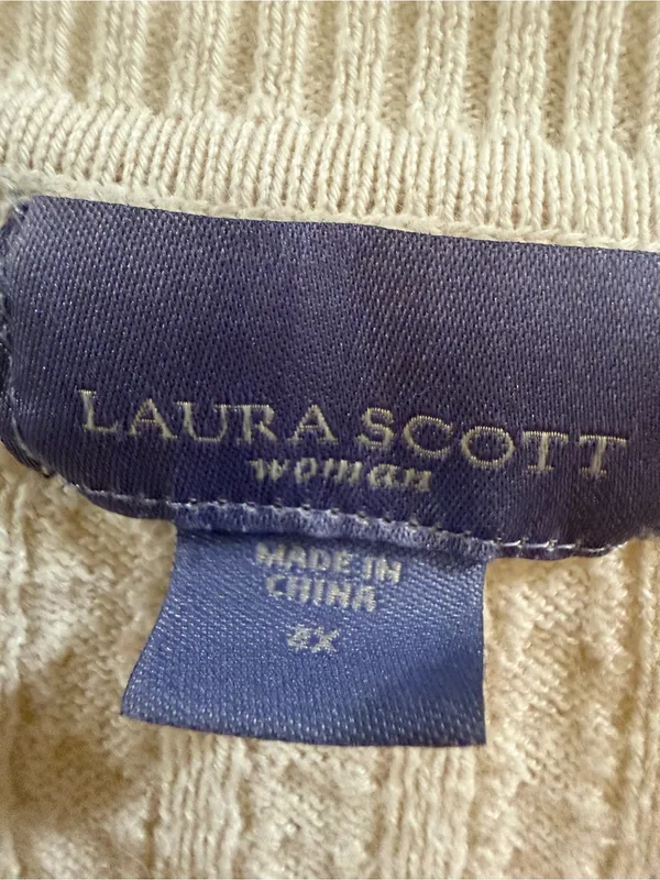 Laura Scott Woman 2X Cream Cable Knit V-Neck Sweater - Image 2