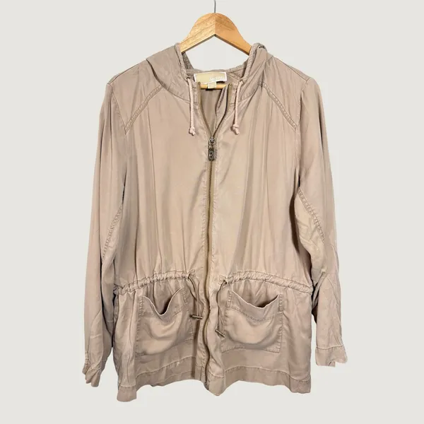 Michael Kors Womens Tan Lyocell Hooded‎ Anorak Jacket Drawstring Waist Large - Image 4