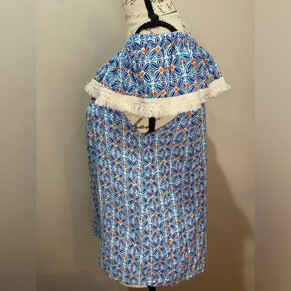 ROBERTA ROLLER RABBIT Lucia Fringe Off Shoulder‎ Top Blue Tile Print sz S - Image 6