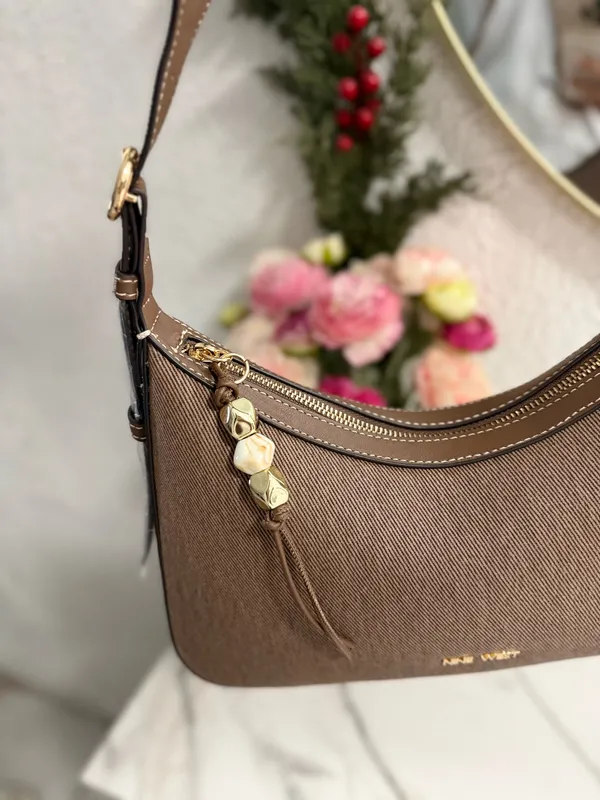 Nine West Brown Canvas Hobo Shoulder Bag with Tassel Charm - Image 7