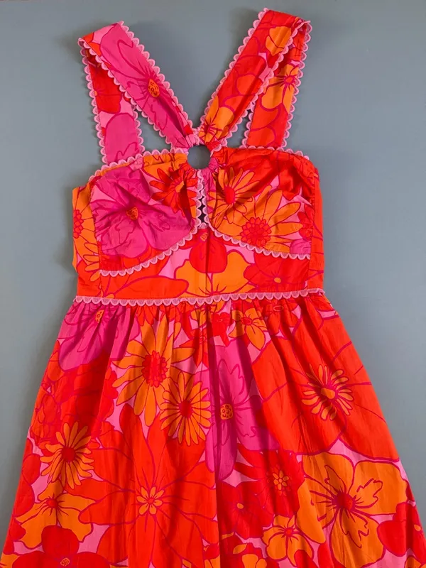 NWT J. Marie Lizzie Ric Rac Orange Floral Pink Preppy Summer‎ Midi Dress - Image 4