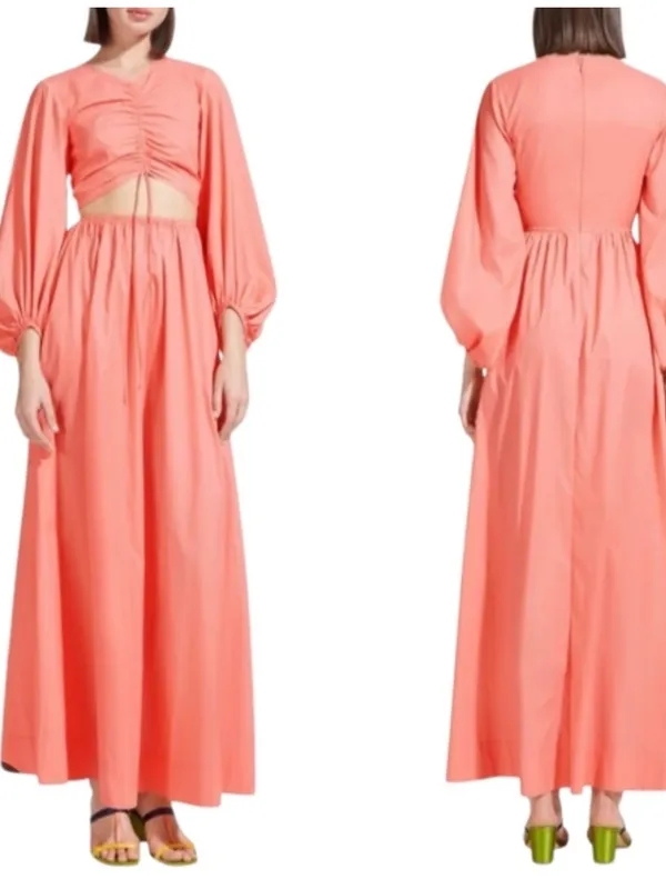 Staud Womens Coral V-Neck Tangier Ruched Cut Out Long Sleeve Nylon Maxi Dress M - Image 2