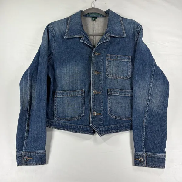 Lauren Ralph Lauren Denim Trucker Jacket Medium Wash Concho Buttons Blue Large - Image 3