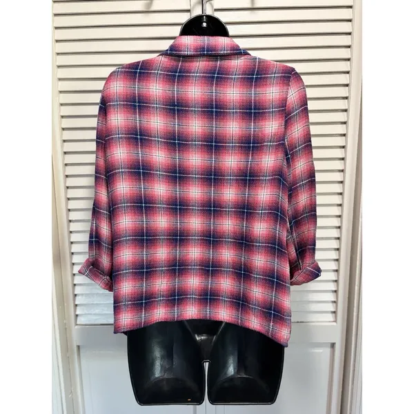 Aeropostale Flannel Pink/Black Open Long Tab Sleeve‎ Shirt Size Small Shawl Neck - Image 5