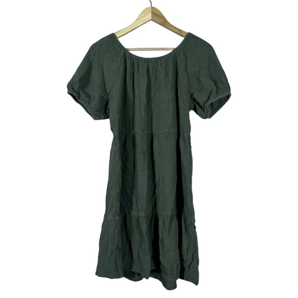 Beachlunchlounge Tiered Solid Mini Dress Green Boho Gauze Puff Sleeve Size M - Image 4