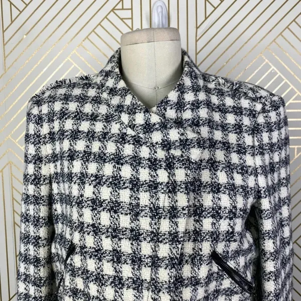 Zara Basic Checker Plaid Tweed Moto Jacket in Black & Cream Size US Medium‎ - Image 2