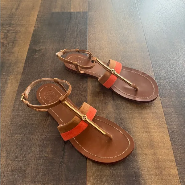 Tory Burch Logo T Strap Sandals Brown Coral Leather Flat Sandal Size 9 - Image 6