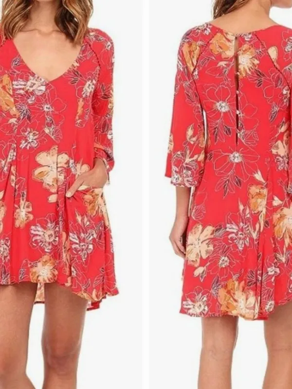 Free People Pink Red Floral Eyes On Your Floral Trapeze Dress w Pockets - Image 2