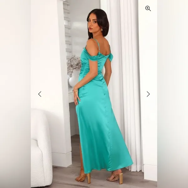 Hello Molly Luxury Affair Satin Maxi Dress Off Shoulder Green 8 Prom Wedding - Image 3