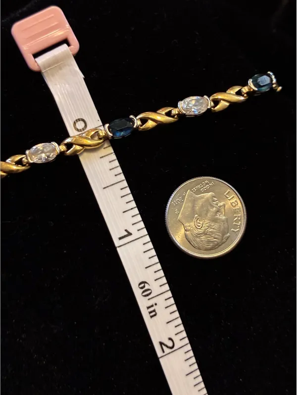 Vtg Gold-Tone Faux Sapphire & CZ Tennis Bracelet – Hugs & Kisses "X" Link 7.5” - Image 3