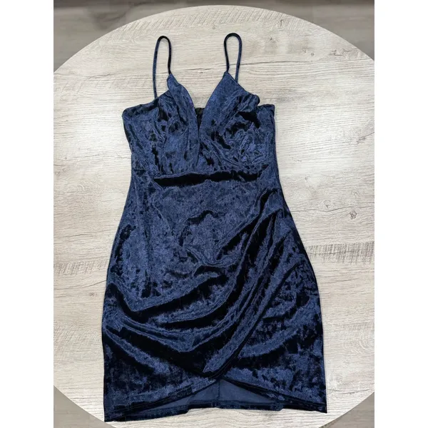 Navy Blue Velvet Bodycon Dress Ruched Wrap Mini Spaghetti Strap Deep V Cocktail - Image 5