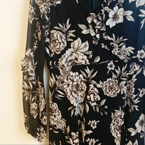 Bardot Size 6‎ Black Tan Floral Romantic Long Bubble Sleeve Wrap Dress - Image 3