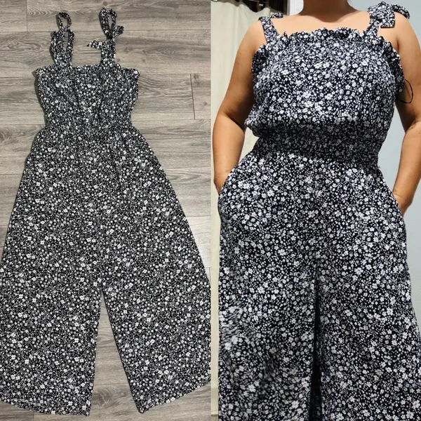 Blue Rair Women‎ Floral Jumpsuit Wide Leg Crop Tie Shoulder Smocked Waist Size L - Image 2