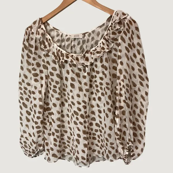 AYR Womens Ruffle Neck Abstract Animal Print Sheer Blouse Brown Cream E2047 L - Image 6