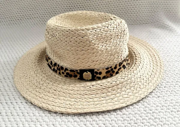 Vince Camuto Beige Straw Leopard Pony Hair Band Summer Hat Floppy Panama OS - Image 9