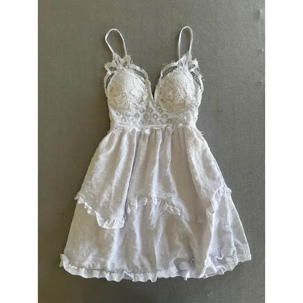 rue21 Dress Small White Lace‎ Swiss Dot Tiered Ruffle Mini Boho Coquette - Image 6
