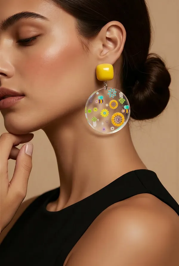 & Other Stories Adorable Daisies and Bumblebee Design Acrylic Drop Pierced Earrings NWT - Image 2