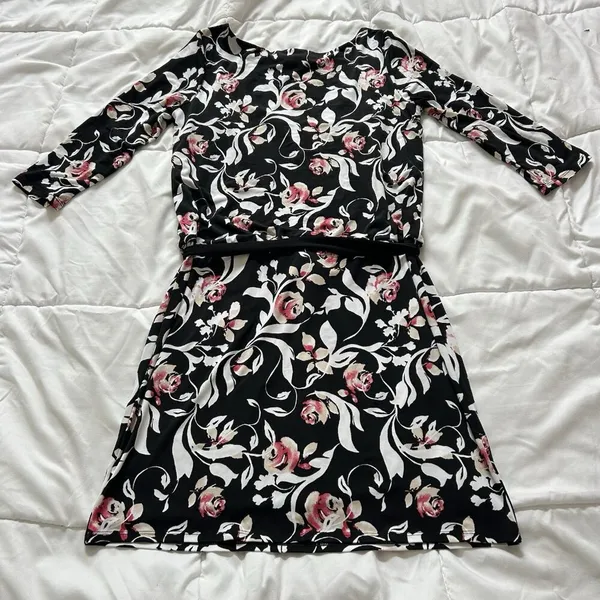 White House Black Market Womens Small Tie Dress Floral Long‎ Sleeve Black Pink - Image 7