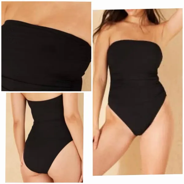 NEW Shade & Shore Black Ribbed Bandeau One Piece Swimsuit XS Shaping - Image 2