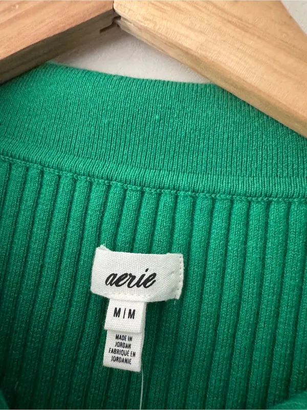 NEW!! Aerie‎ Green Ribbed Cropped Sweater Polo Wool Blend - Image 6
