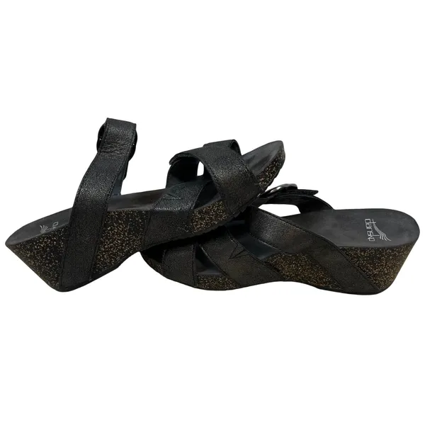 Dansko Tiffani Black‎ Metallic Leather Wedge Sandals Buckle Slide 3420820200 39 - Image 7