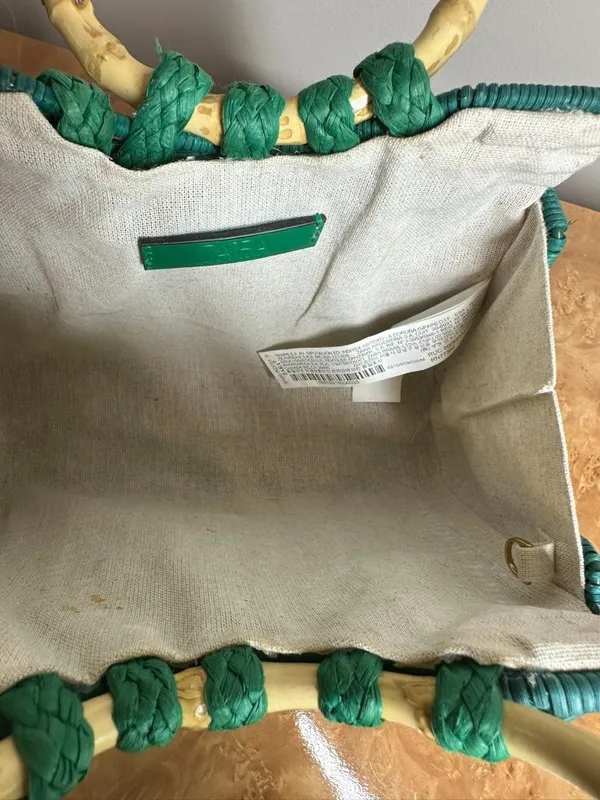 Zara Turquoise Woven Straw Tote Bamboo Ring Handles Beach Resort Handbag Boho - Image 7