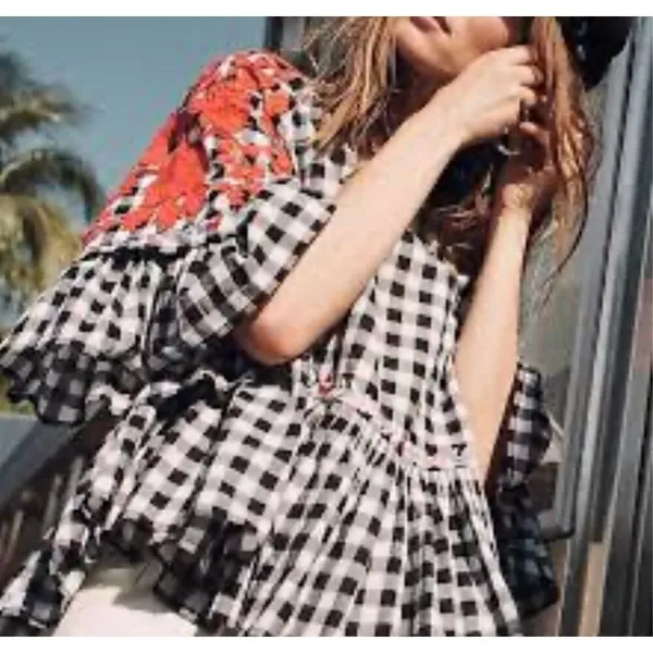 Anthropologie Pankaj & Nidhi checkered gingham embroidered floral swing blouse s - Image 13
