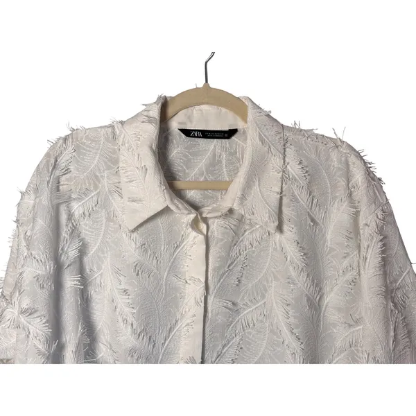 Zara Womens Button Up Shirt XL White Feather Eyelash Fringe Boho Ethereal Bridal - Image 3