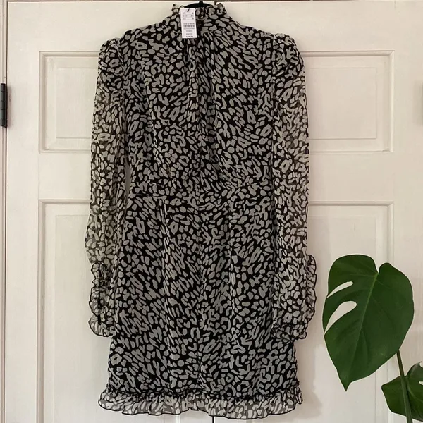 Topshop Animal Print Leopard Cheetah Dress Long Sleeves‎ Ruffle Collared Size 2 - Image 5