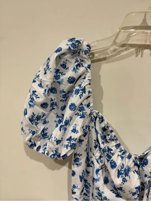 Blue Floral Puff-Sleeve Midi Dress Size M - Image 3