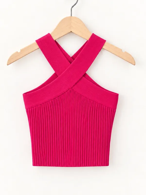 Babaton Aritzia Fuchsia Ribbed Crisscross Cropped Knit Fitted Halter Top Size XS - Image 5