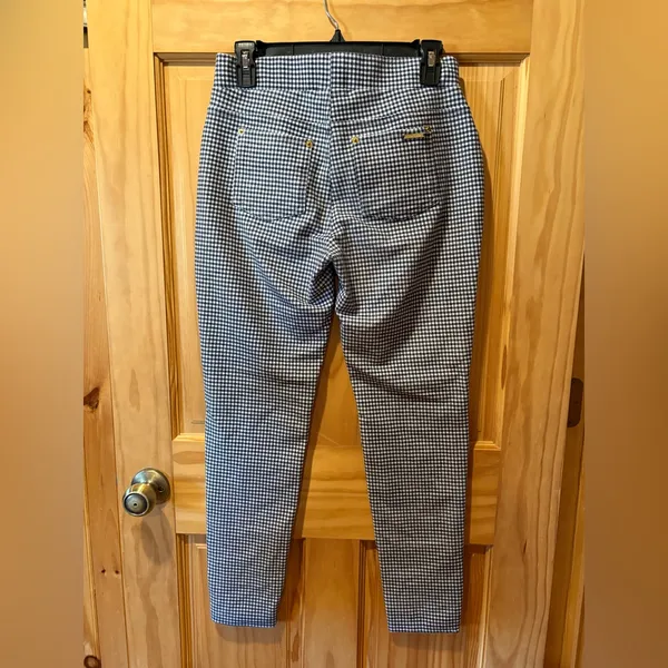 Michael Kors Navy Blue & White Check Pull-on Pants gold details size M women’s - Image 2