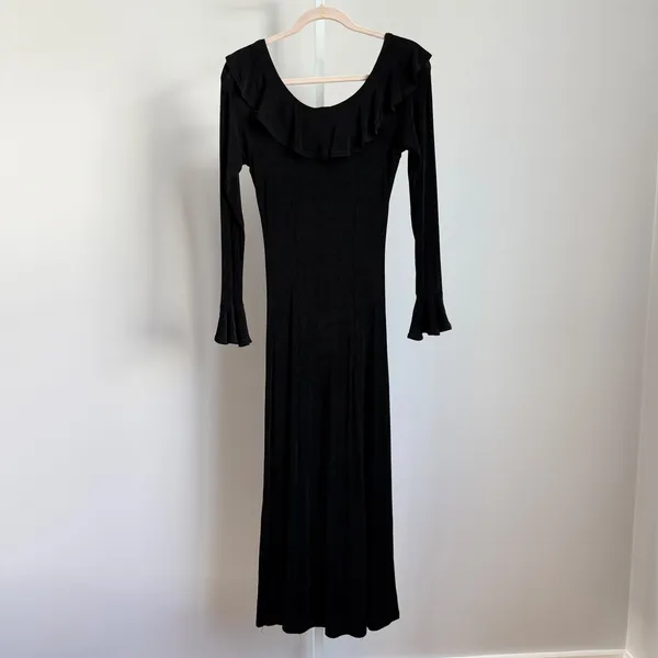 VTG‎ BASIC USA sz M Black Long Sleeve Ruffle Neck Maxi Dress Witchy Whimsygoth - Image 6