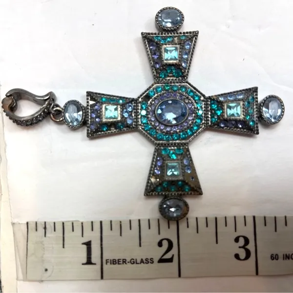 Vintage Cross Pendant W/ Blue & Turquoise Stones Antique Silver-Tone Finish A432 - Image 3