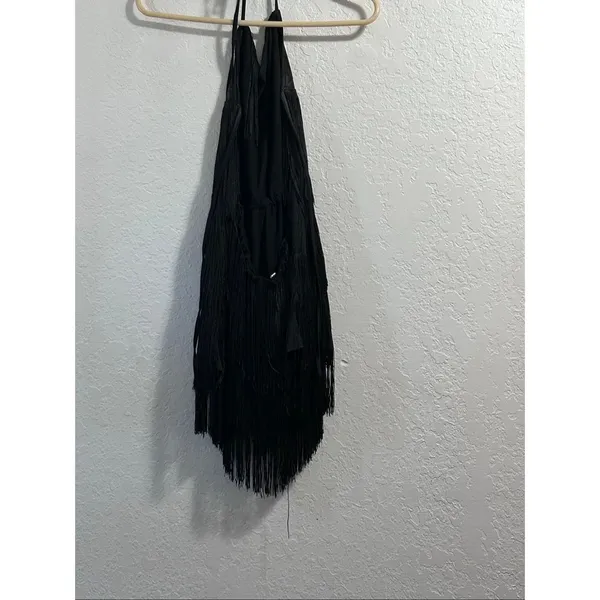 Sz L Black Flapper Dress roaring 20's Latin dancing fringe sexy - Image 3