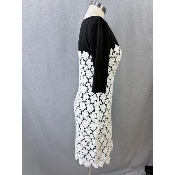 Suzi Chin for Maggy Boutique Black White Lace Overlay Sheath Dress 3/4‎ Sleeve 8 - Image 2