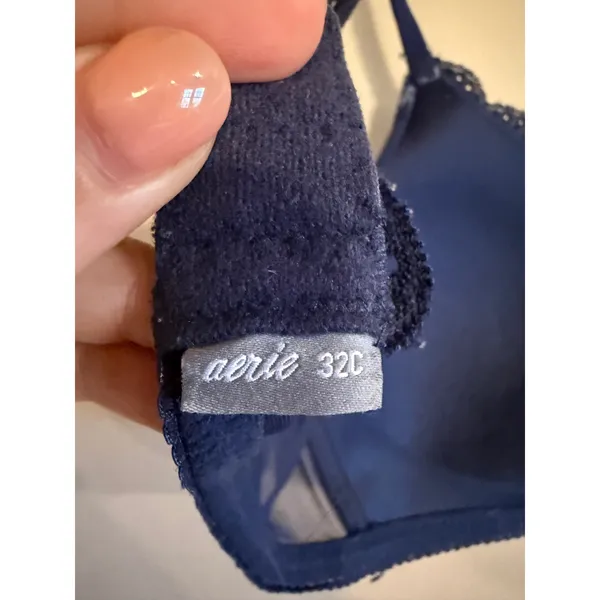 Aerie Real Sunnie Wireless Bra Navy Blue Lace Trim V-Neck 32C Comfort Bralette - Image 3