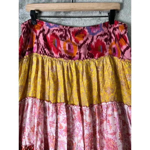 Hale Bob Silk Tiered Maxi Skirt Size Large Boho Floral Patchwork Festival - Image 2
