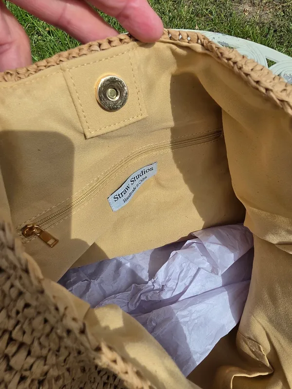 Anthropologie Beige raffia Woven & Brown Leather Tote - Image 8