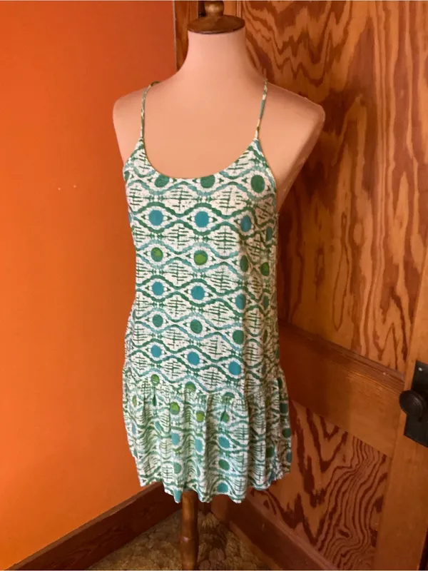 Roxy Green White Geometric Mini Dress Small Adjustable Strap Beach Sundress - Image 6