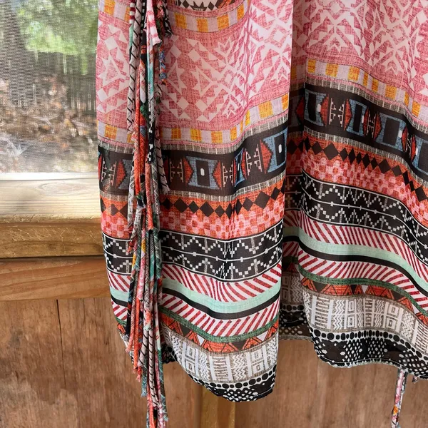 Lavender Brown Orange Aztec Print Fringe Mini Dress Size XS - Image 5