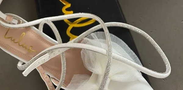 Lulus Lelanee White Satin Rhinestone Bow Ankle Strap Pumps - Image 9