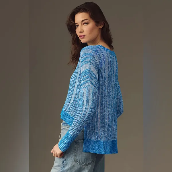 Anthropologie Pilcro Blue Textured High-Low Relaxed Pullover Sweater Size M‎ - Image 4