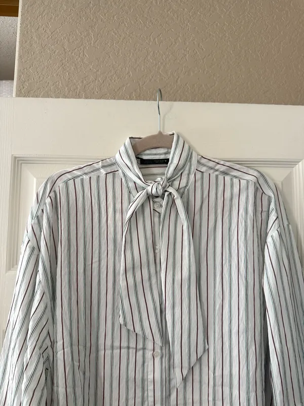 BNWT Zara Mint Chocolate Green & Brown Striped Flowy Button Down Scarf Shirt - Image 11