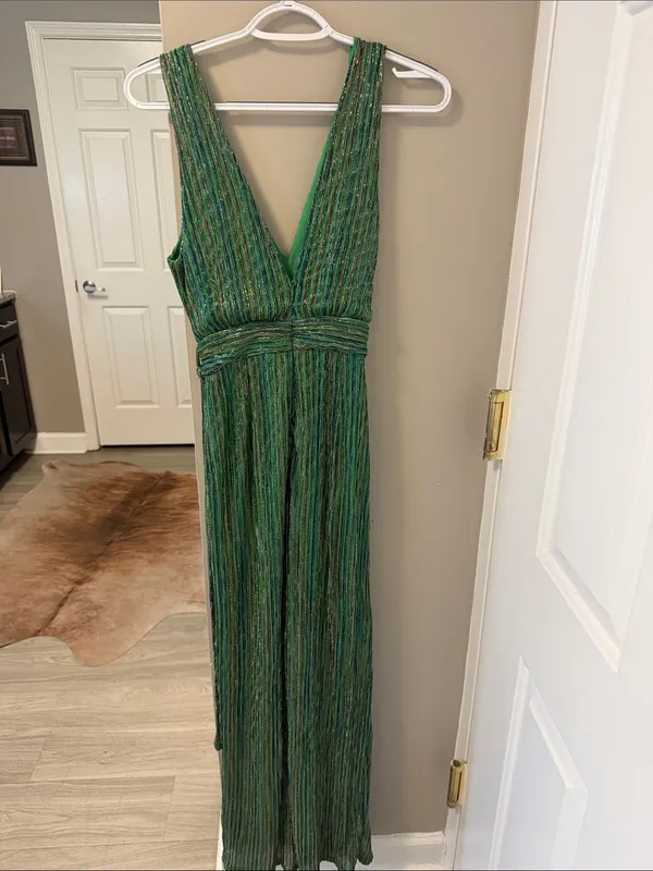 4si3nna Shimmering Green Pleated Wide-Leg Jumpsuit S - Image 6