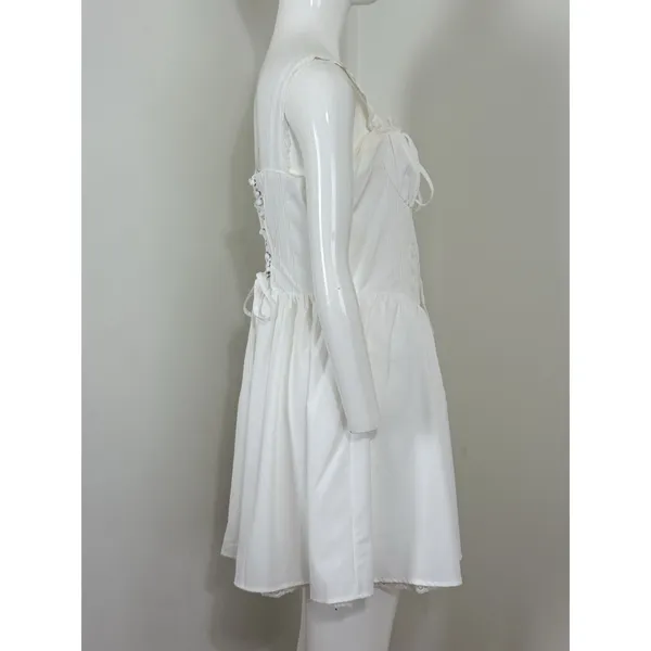 Dress White Lace Corset Fit Flare Mini Milkmaid Babydoll Cottagecore Women L - Image 3