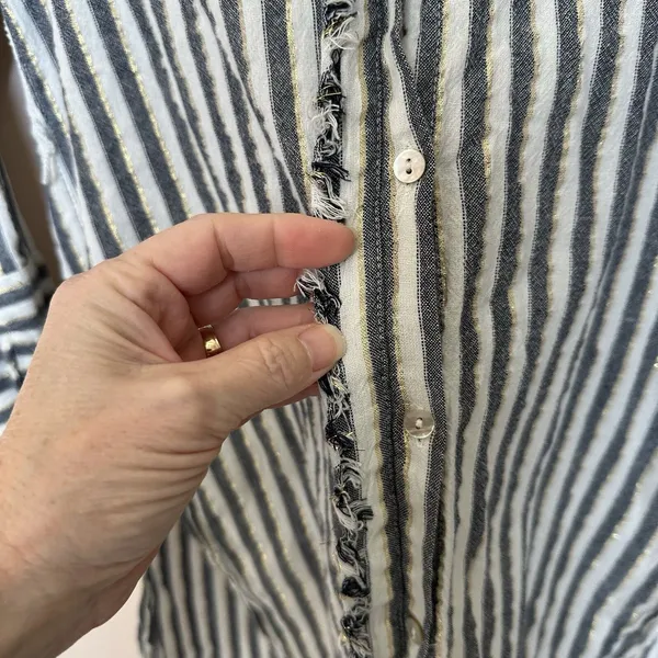 Zara Top Women’s XS Tunic White Blue Gold Stripe Button Down Long Sleeve Coastal - Image 6