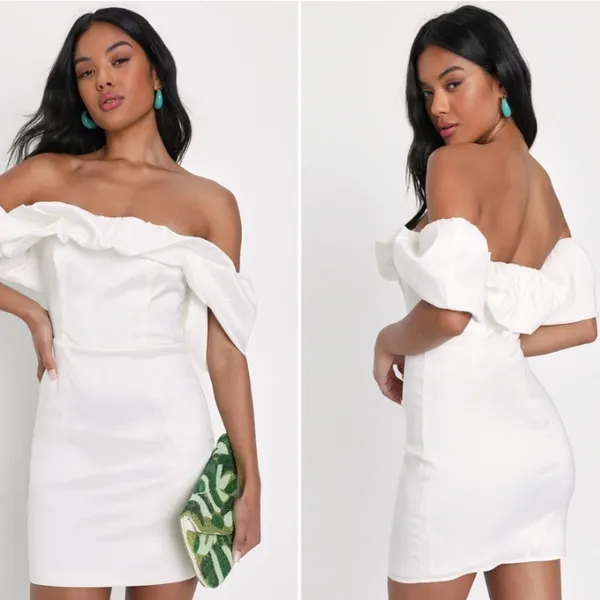 LULUS Bridal Bachelorette Engagement Bridal Shower Sexy Off the Shoulder Mini - Image 2